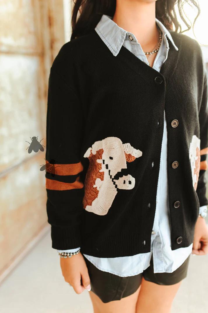 Black Western Style Cardigan: Texas Cowgirl Highland Cow
